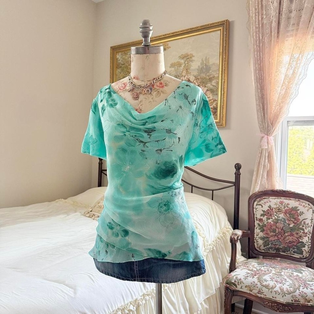 Blue floral fairy top  Y2K aqua floral layered top K Studio size 16